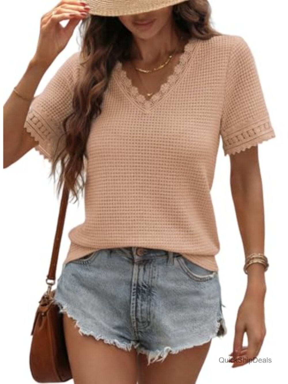 Waffle Knit V Neck Short Sleeve Lace Patchwork Tunic Top